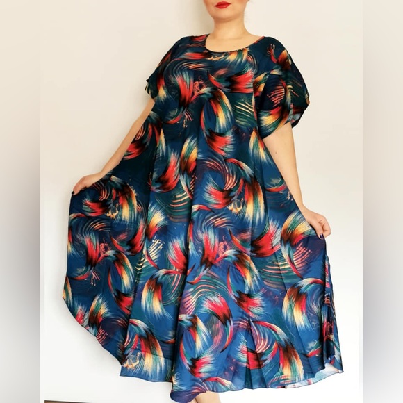 Colorful Dress Short Sleeve Flowy Swirl‎ Pattern Swing A-Line Midi Blue Eclectic - Picture 1 of 14
